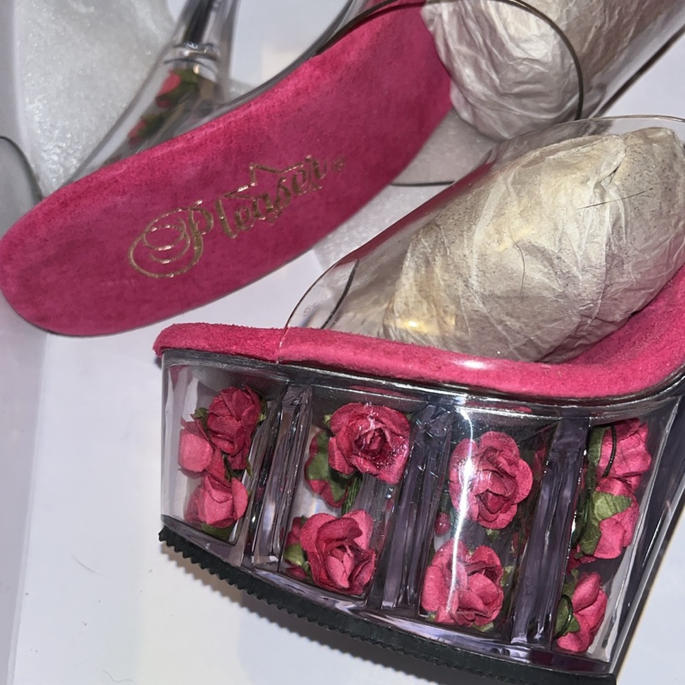 CLEAR & HOT PINK FLOWER PLEASER HEELS